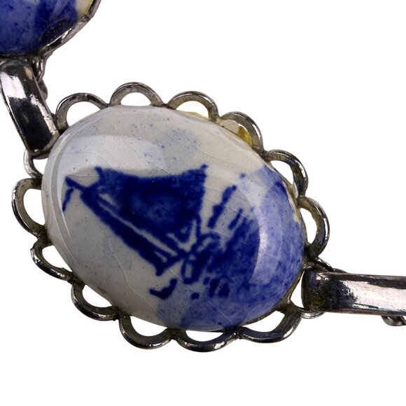 Delft Blue Womens Silver Tone Ceramic Bracelet Hand-Painted Oval Design - Picture 4 of 6